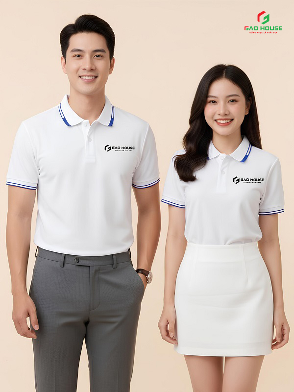 Áo Polo Đồng Phục Doanh Nghiệp Màu Trắng Phối Cổ Line Xanh