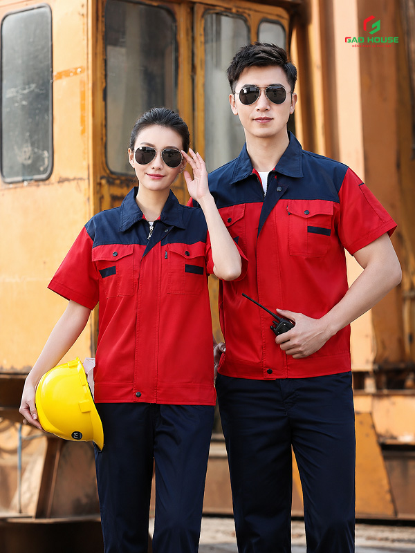 Đồng Phục Bảo Hộ Lao Động Màu Đỏ Phối Xanh Than