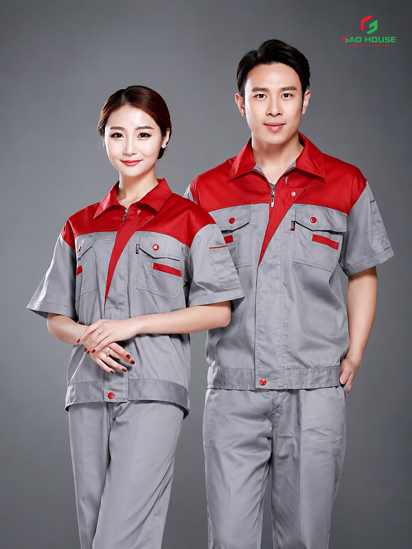 Đồng Phục Bảo Hộ Lao Động Màu Xám Phối Đỏ