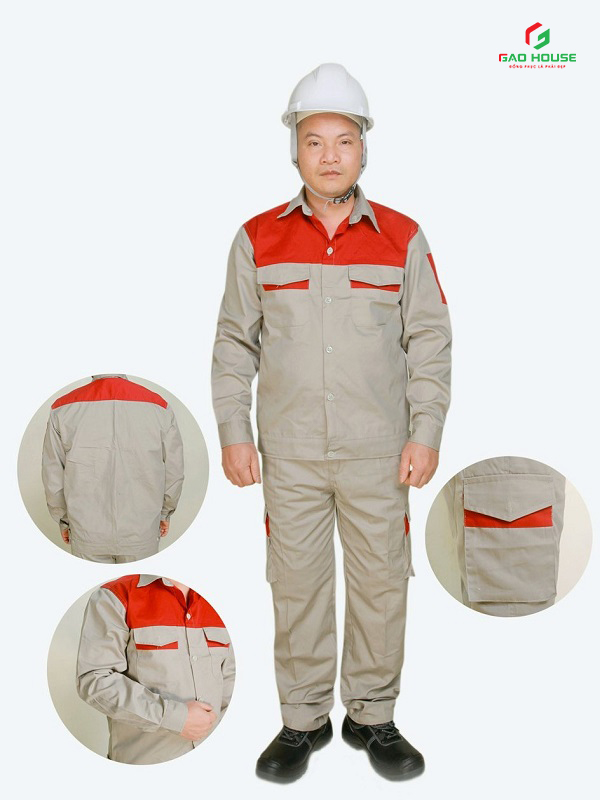 Áo Bảo Hộ Lao Động Màu Be Phối Đỏ
