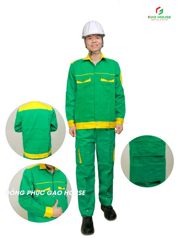 Áo Bảo Hộ Lao Động Màu Xanh Lá Phối Vàng