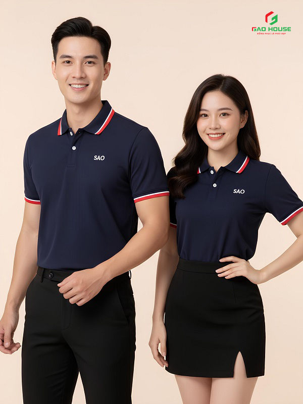 Đồng Phục Công Ty Màu Xanh Than Phối Bo Cổ Trắng Đỏ