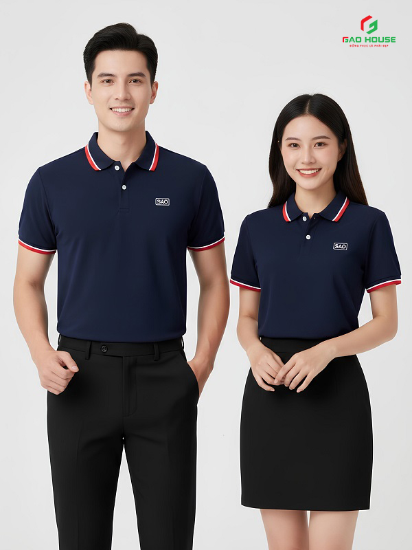 Đồng Phục Công Ty Màu Xanh Than Phối Bo Cổ Trắng Đỏ